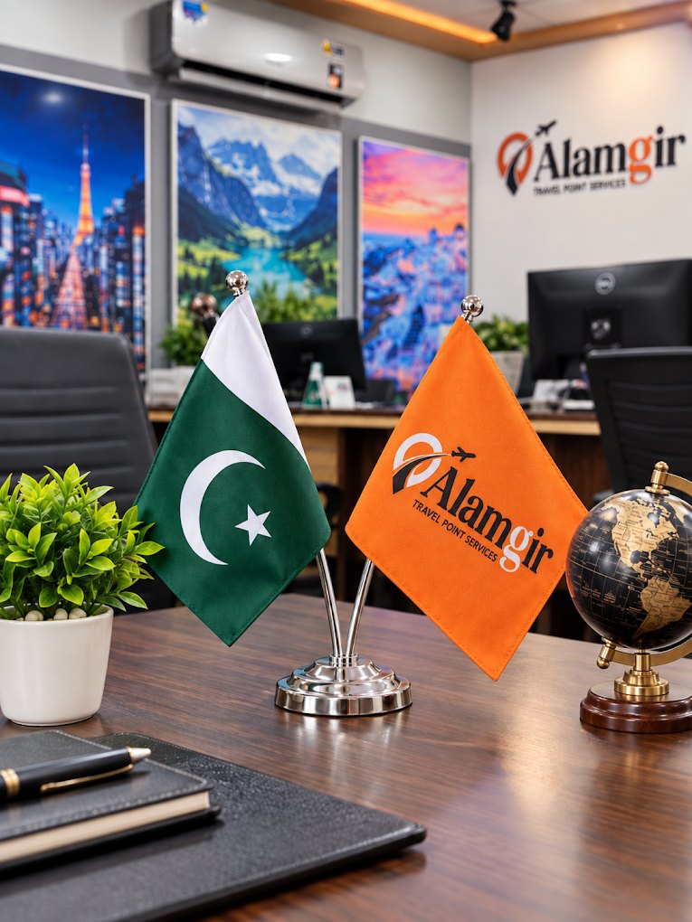 Pakistan and Alamgir Travels flags on an office desk