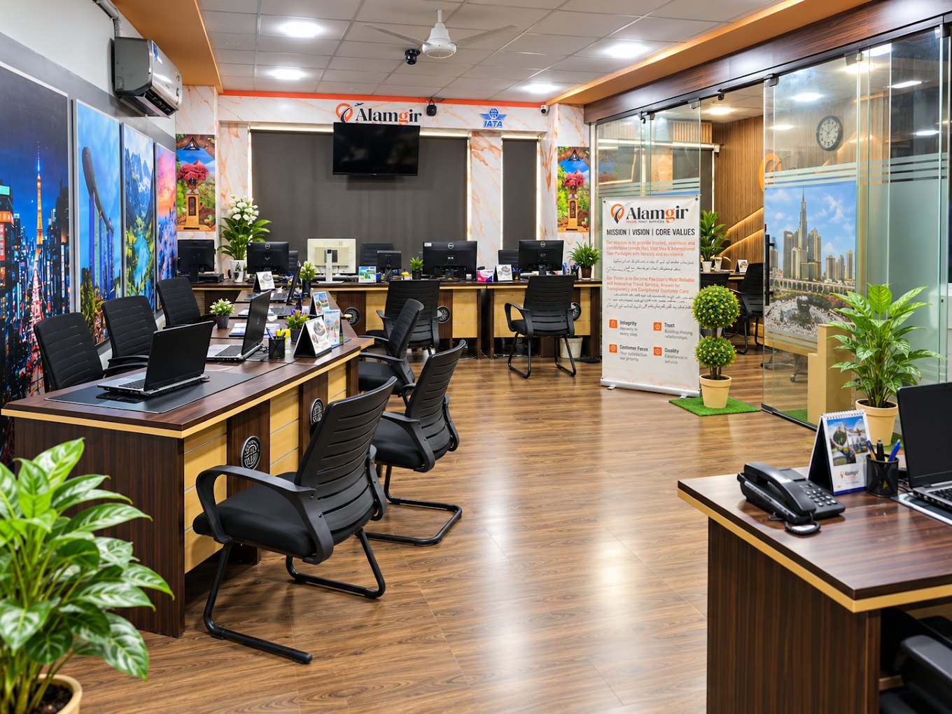 Inside the Alamgir Travels office at Balad Trade Center, Karachi