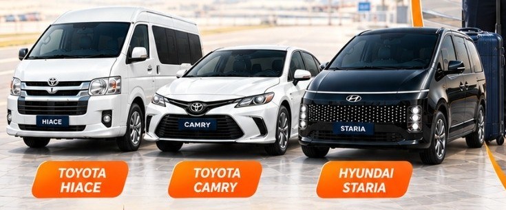 Rukab Al-Mamlakah Transport vehicles: Toyota Hiace, Toyota Camry and Hyundai Staria